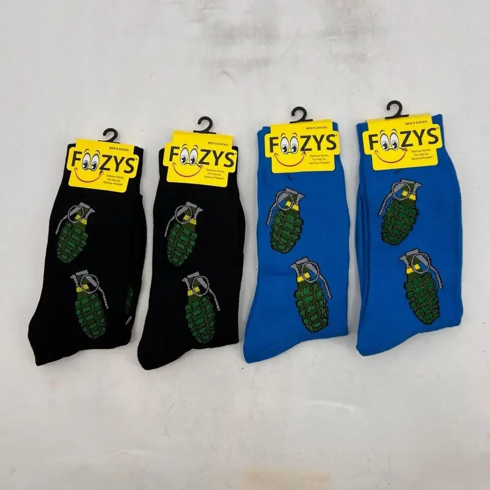 Foozys Socks Mens 6-12 Black Blue Crew Novelty Military Hand Grenade 4 Pairs